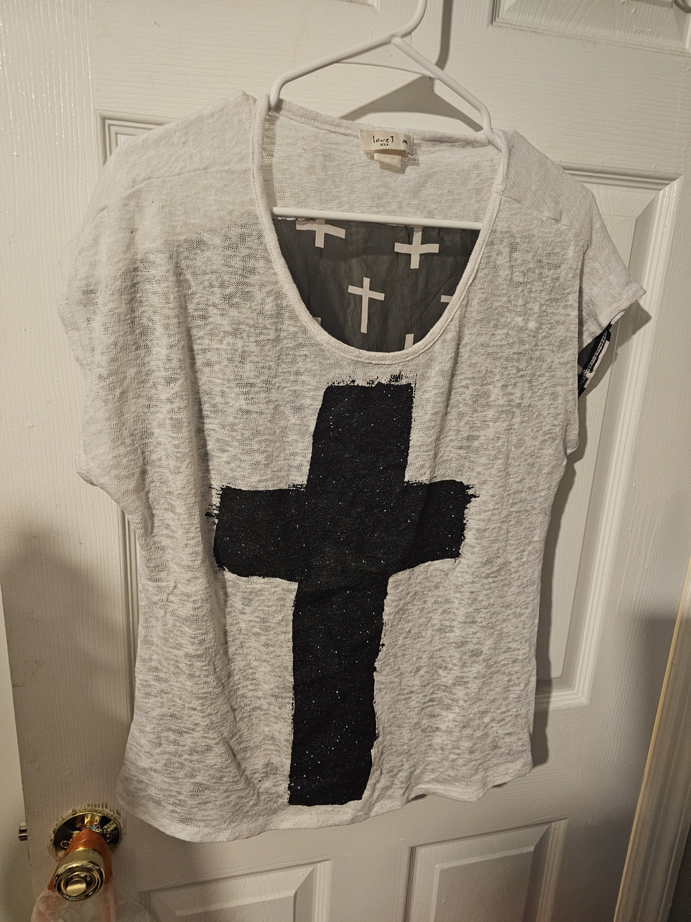love J White Tee with Black Cross Graphic